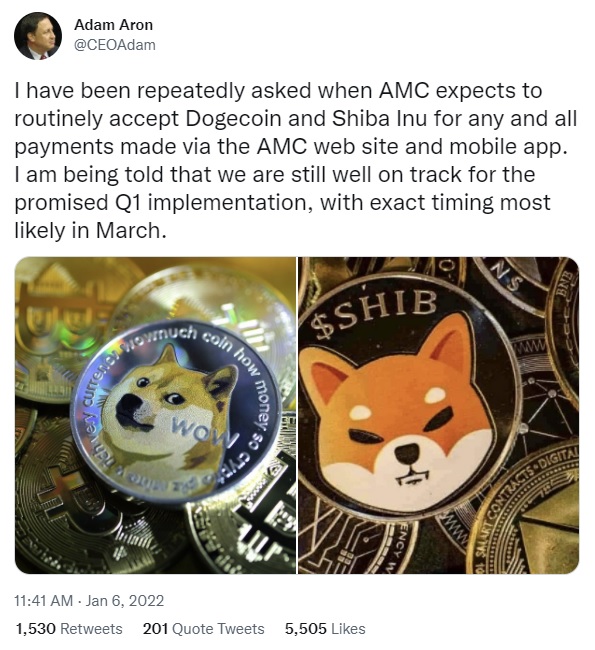 amc tweet AMC Theatres on Track to Accept Dogecoin and Shiba Inu Payments in Q1, CEO Confirms