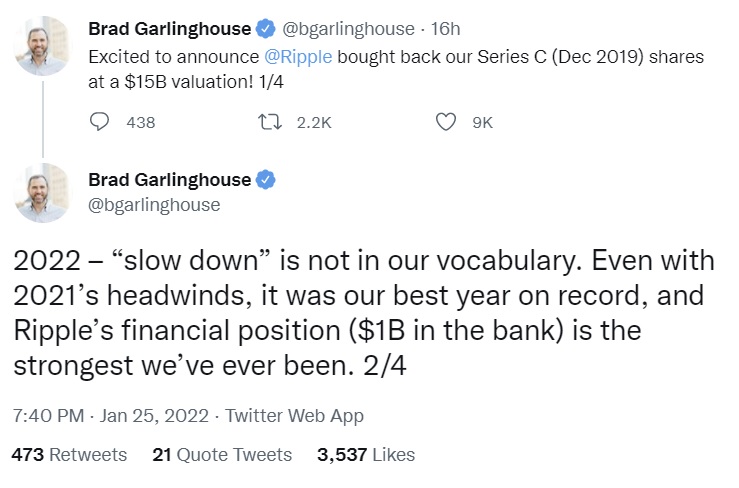 garlinghouse tweet Ripple Scores $15 Billion Valuation — CEO Says Financial Position Is Strongest Ever Despite SEC Lawsuit Over XRP