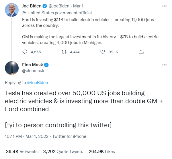 tweet Does Joe Biden hate Elon Musk?