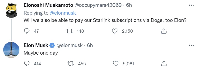 musk tweet Elon Musk Says Spacex Will Soon Accept Dogecoin for Merchandise — Starlink Subscriptions Could Follow