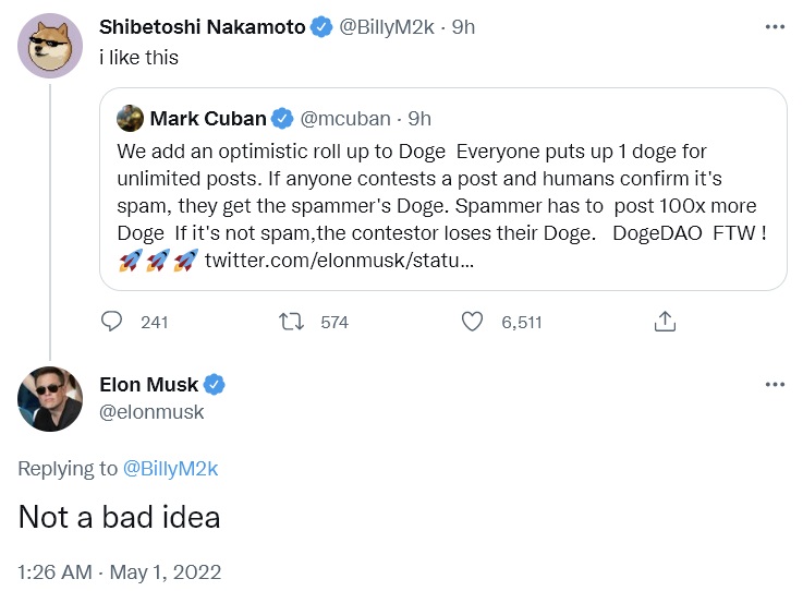 must likes idea Elon Musk, Mark Cuban Discuss Using Dogecoin to Solve Twitter Spam Problem